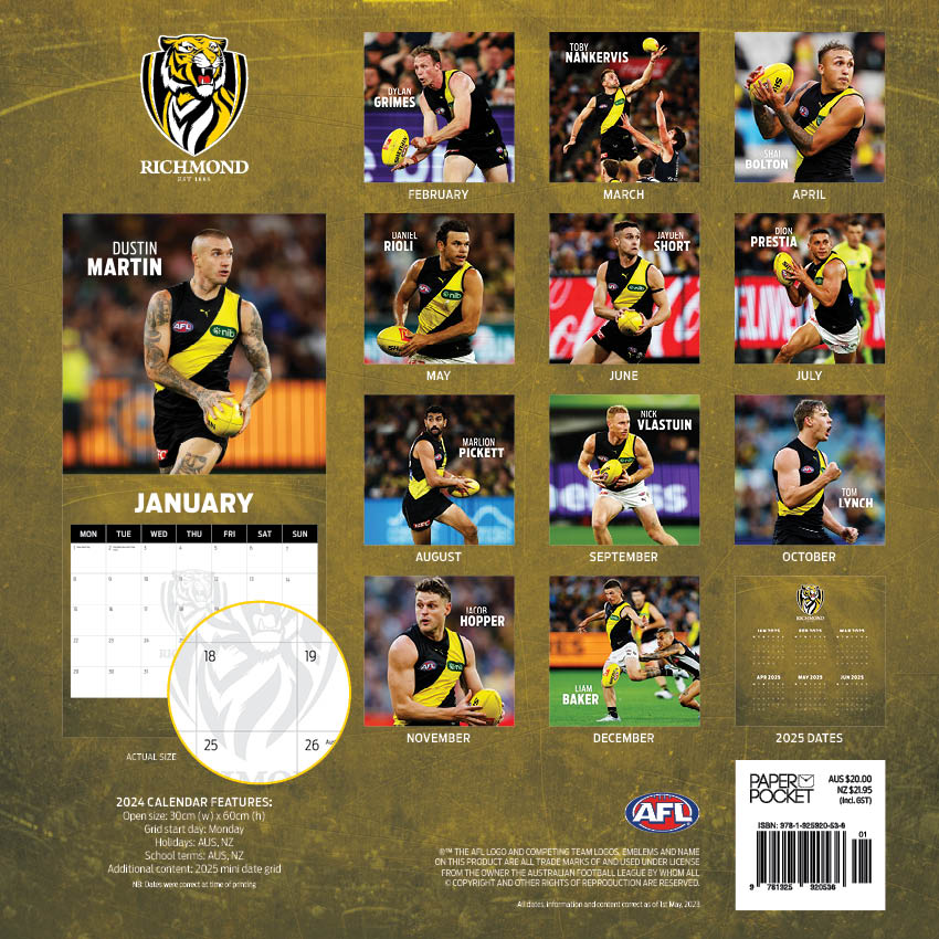 2025 AFL Richmond Tigers Calendar Paper Pocket