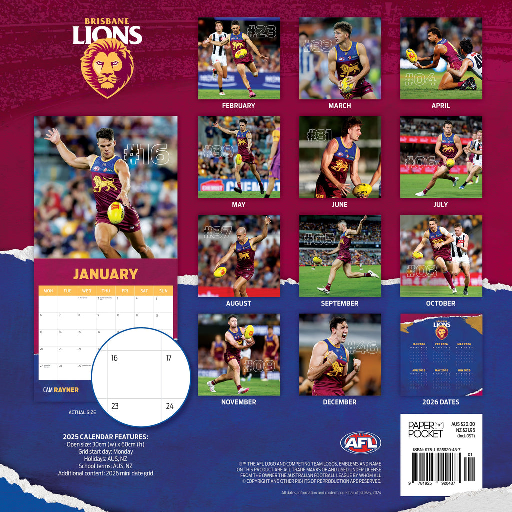AFL Brisbane Lions 2025 Calendar Paper Pocket