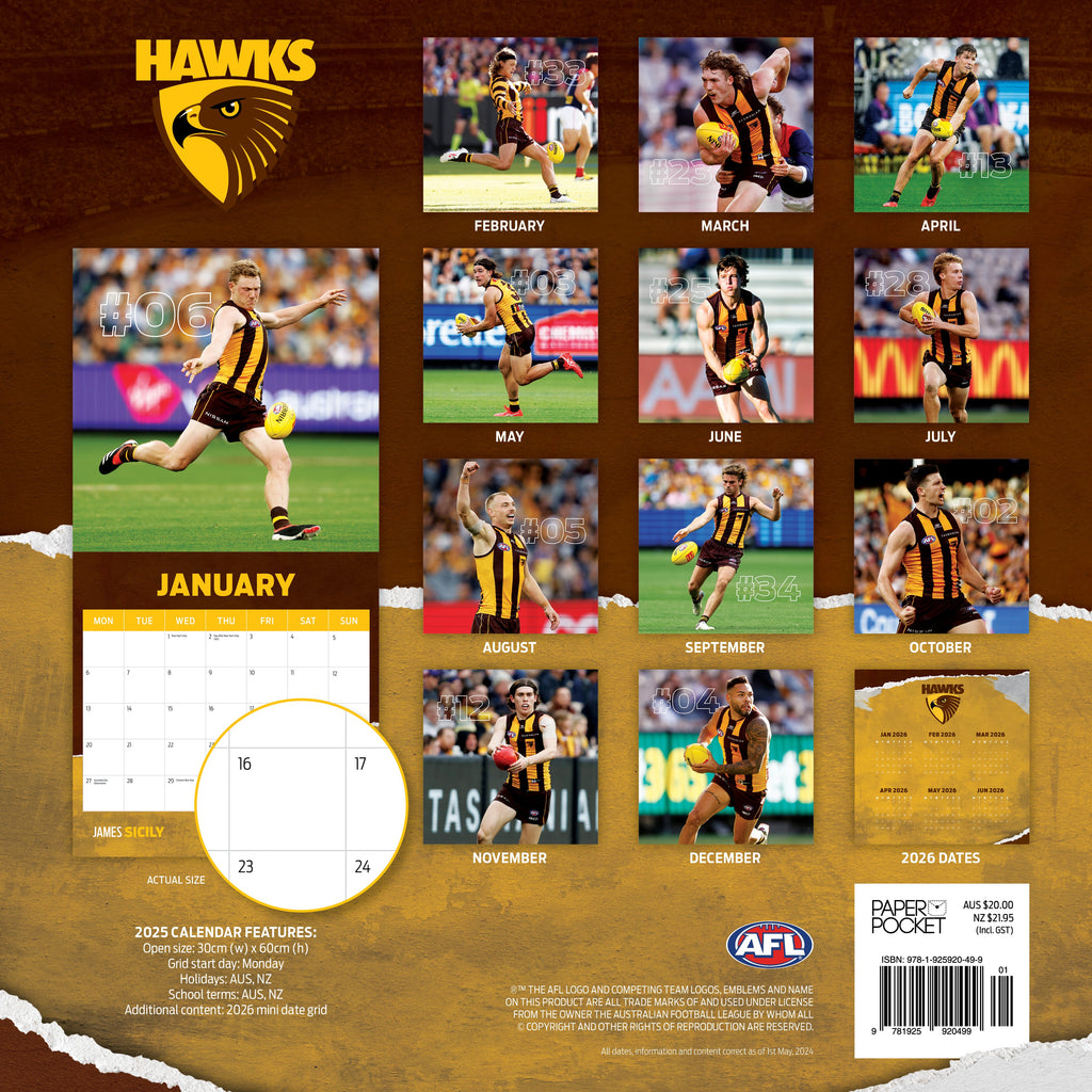 AFL Hawthorn Hawks 2025 Calendar Paper Pocket