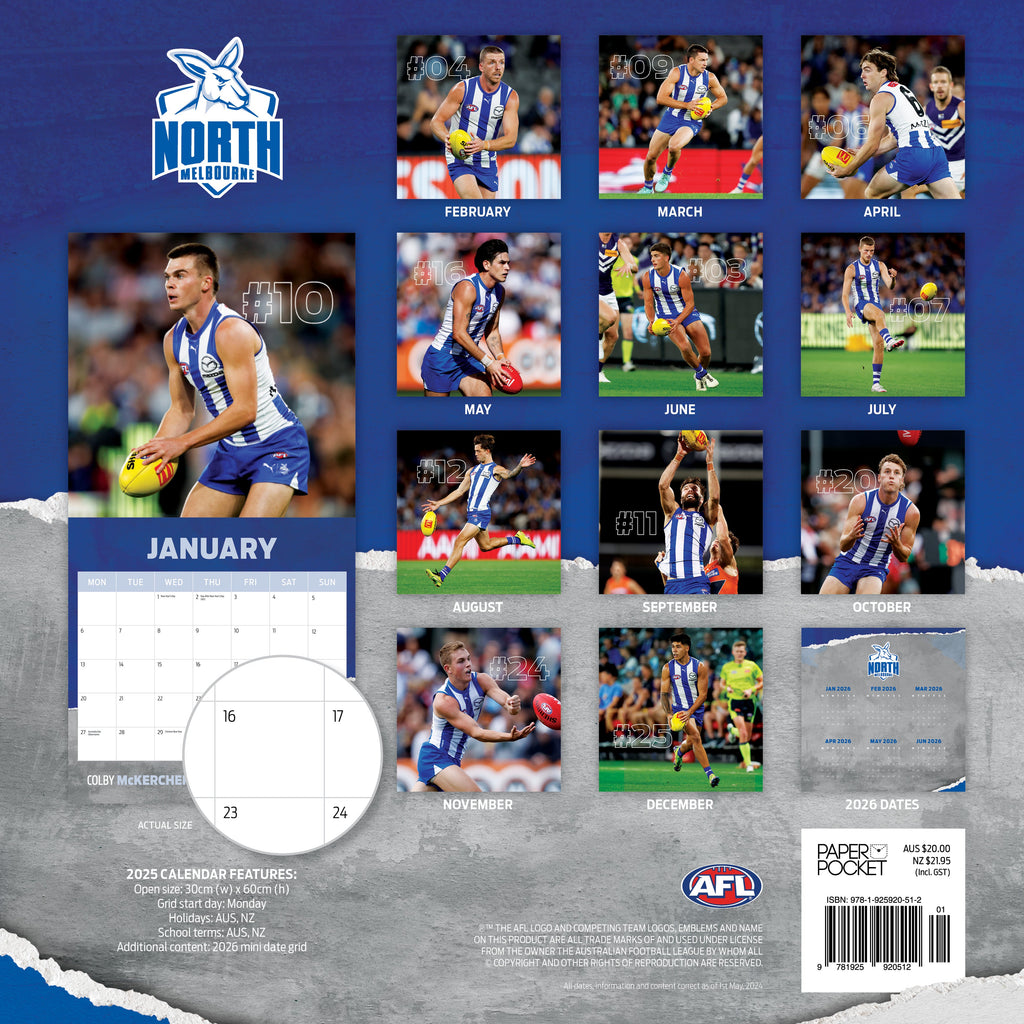 AFL North Melbourne Kangaroos 2025 Calendar Paper Pocket Melbourne Events Calendar 2025