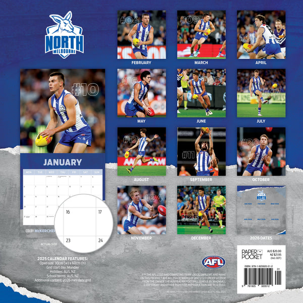 AFL North Melbourne Kangaroos Calendar 2025 Monthly Overview