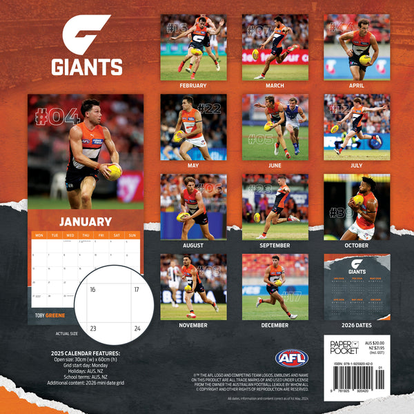 ALF Greater Western Sydney Giants Calendar 2025 Monthly Overview