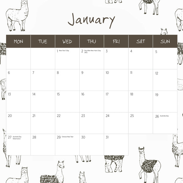 Alpacas Calendar 2025 January