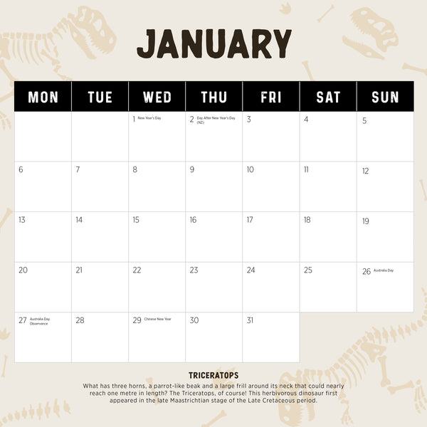 Dinosaurs Calendar 2025 January