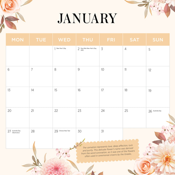 Flower of the Month Calendar 2025 January