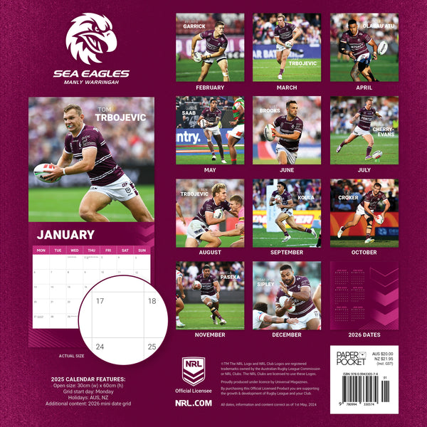 NRL Manly Waringah Sea Eagles Calendar 2025 Monthly Overview