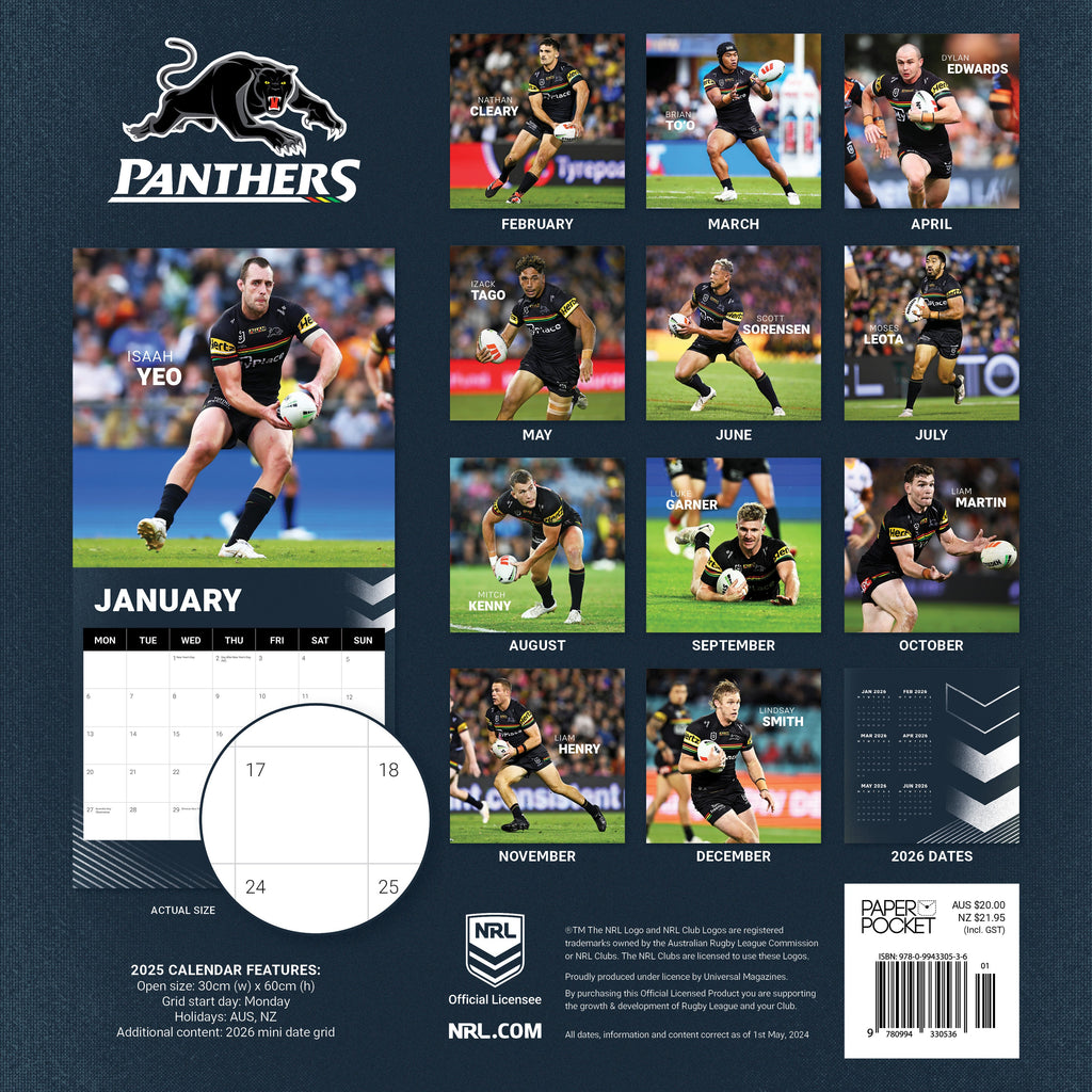 NRL Penrith Panthers 2025 Calendar Paper Pocket