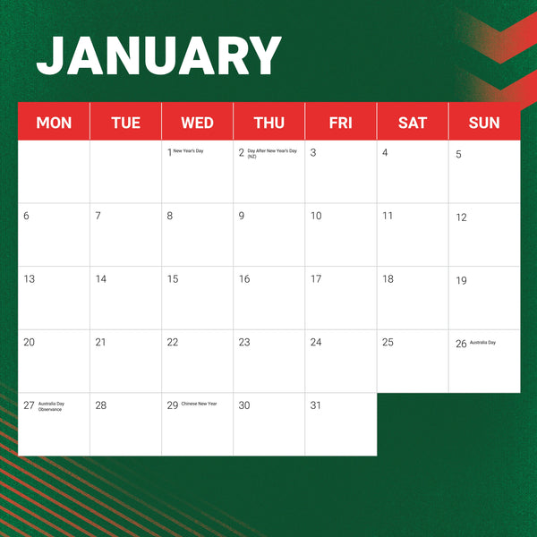 NRL South Sydney Rabbitohs Calendar 2025 January
