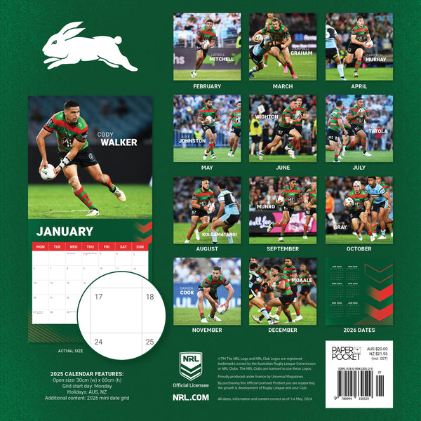 NRL South Sydney Rabbitohs Calendar 2025 Monthly Overview