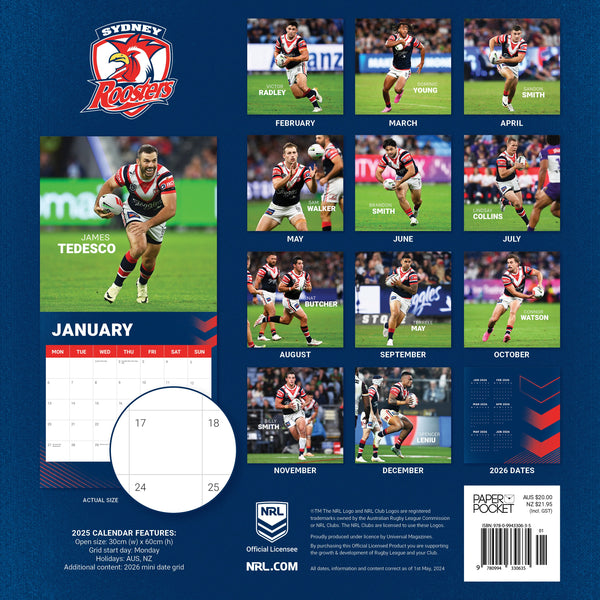 NRL Sydney Roosters Calendar 2025 Monthly Overview