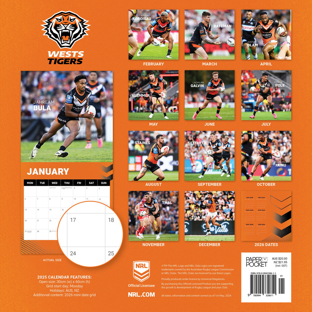 NRL Wests Tigers 2025 Calendar Paper Pocket nrl-wests-tigers-2025-calendar-paper-pocket