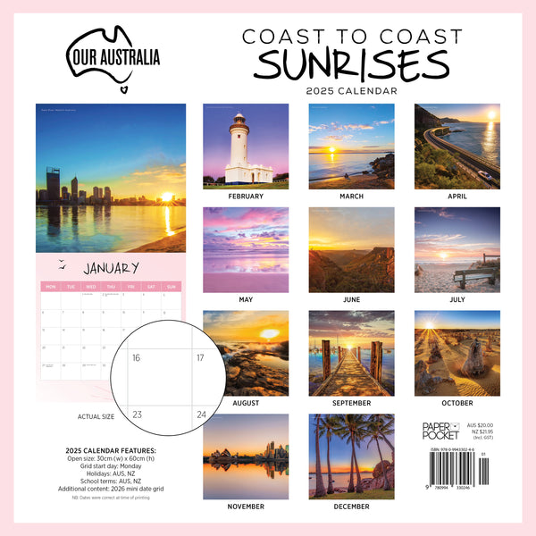 Our Aust. Coast to Coast Sunrises Calendar 2025 Monthly Overview