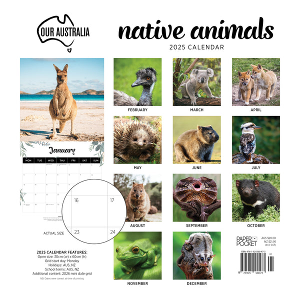Our Aust. Native Animals Calendar 2025 Monthly Overview