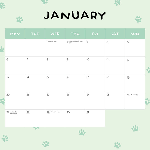 Puppies in a Pickle Calendar 2025 January