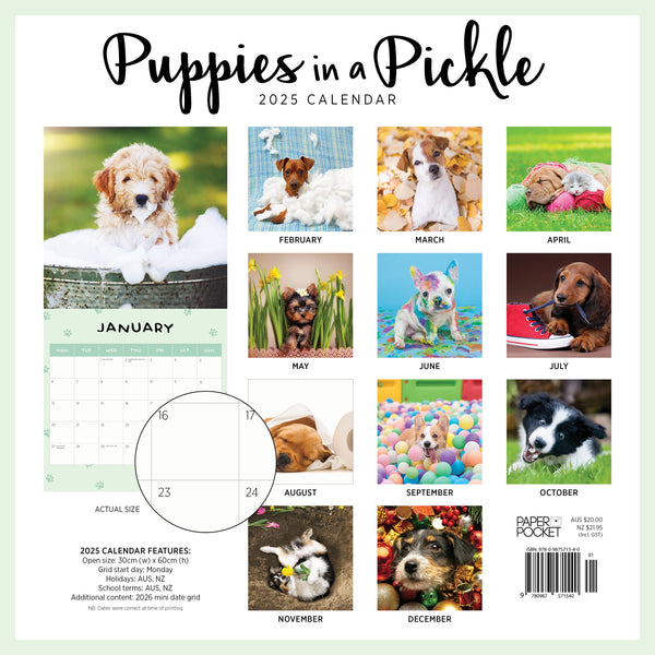 Puppies in a Pickle Calendar 2025 Monthly Overview