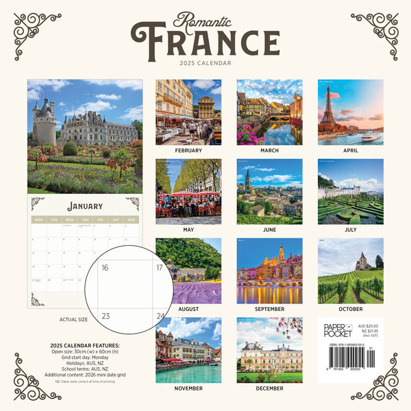 Romantic France Calendar 2025 Monthly Overview