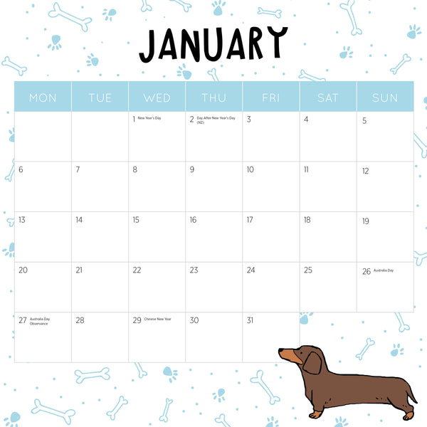 Sausage Dogs Calendar 2025 January