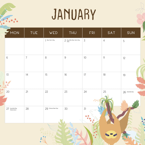 Sloths Calendar 2025 January