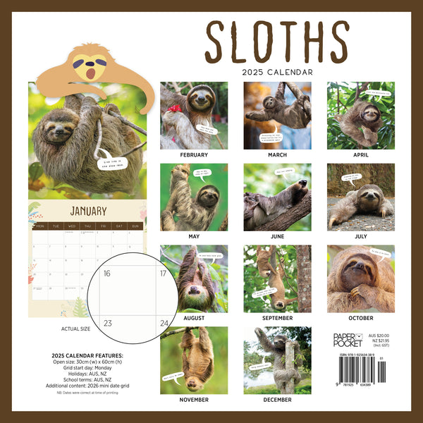 Sloths Calendar 2025 Monthly Overview