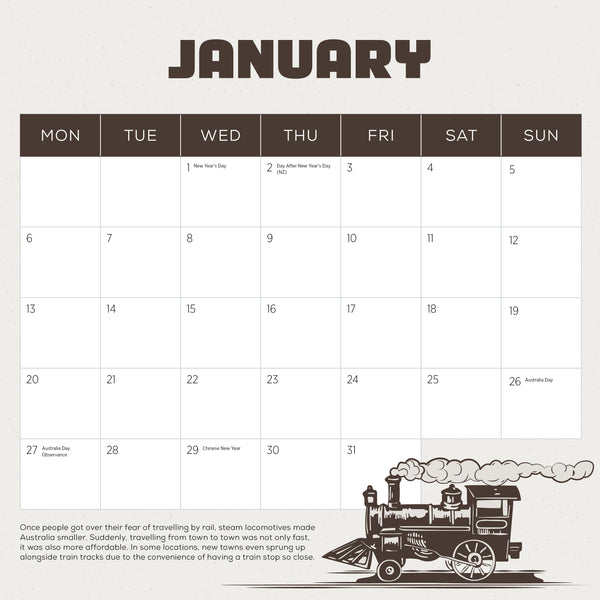 Steam Trains Calendar 2025 January