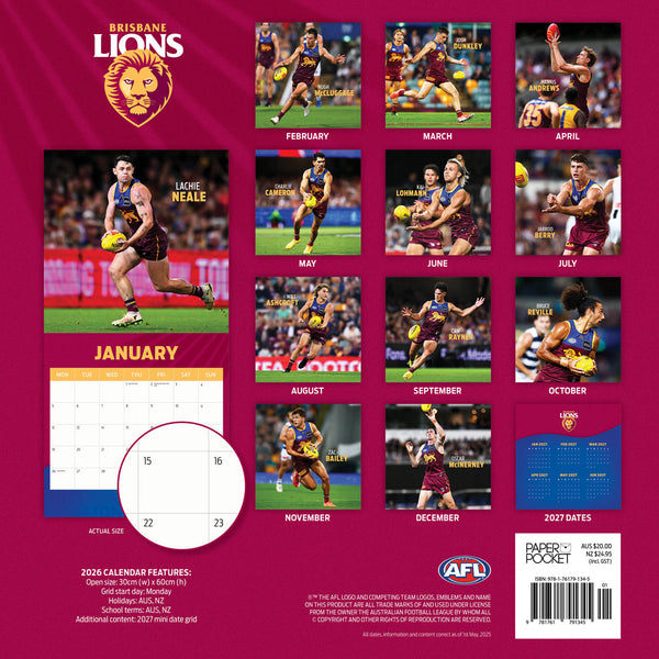 Afl Brisbane Lions 2026 Calendar Monthly Overview
