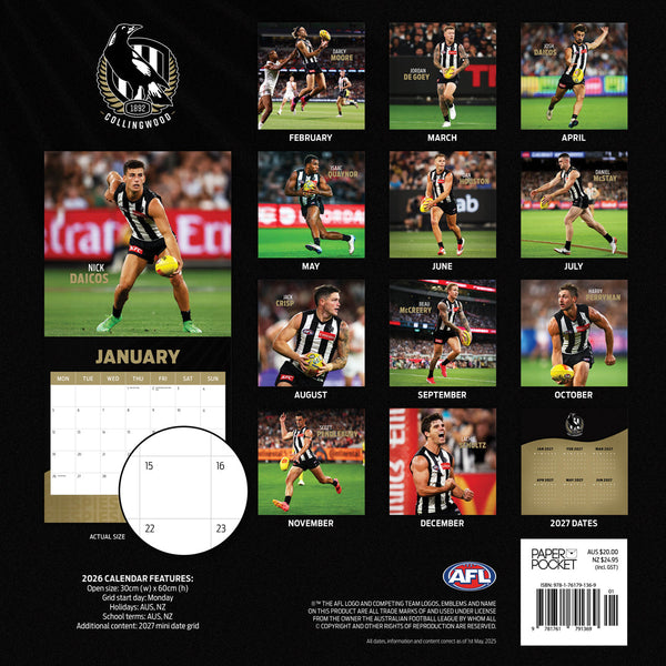 Afl Collingwood Magpies 2026 Calendar Back Cover