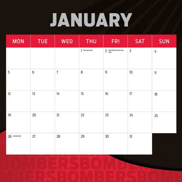 Afl Essendon Bombers 2026 Calendar January