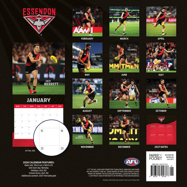 Afl Essendon Bombers 2026 Calendar Back Cover