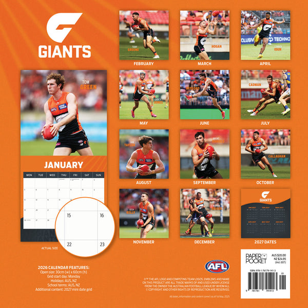 Afl Greater Western Sydney Giants 2026 Calendar Monthly Overview
