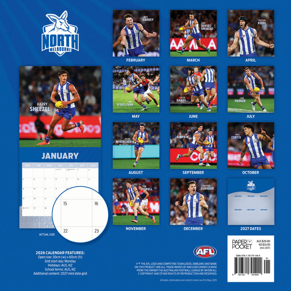 Afl North Melbourne Kangaroos 2026 Calendar Monthly Overview