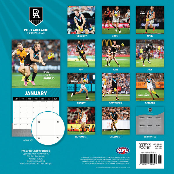 Afl Port Adelaide Power 2026 Calendar Monthly Overview