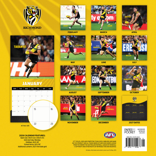 Afl Richmond Tigers 2026 Calendar Monthly Overview