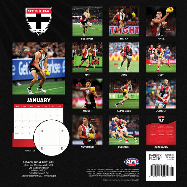 Afl St Kilda Saints 2026 Calendar Monthly Overview