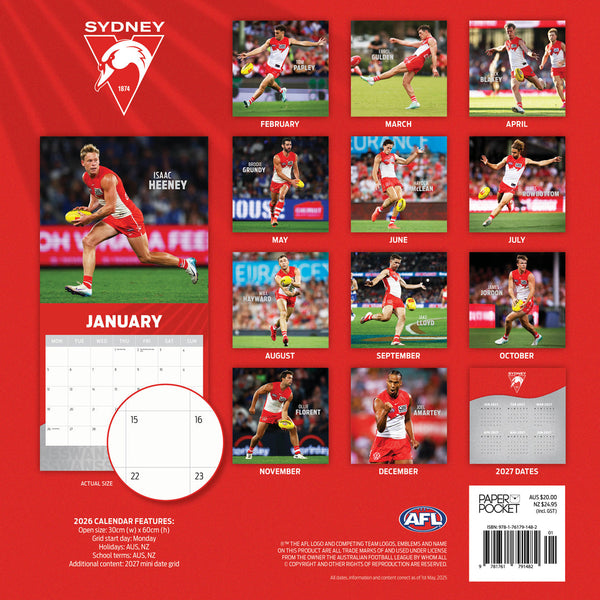 Afl Sydney Swans 2026 Calendar Monthly Overview