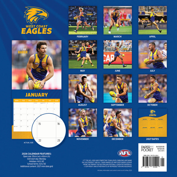 Afl West Coast Eagles 2026 Calendar Monthly Overview