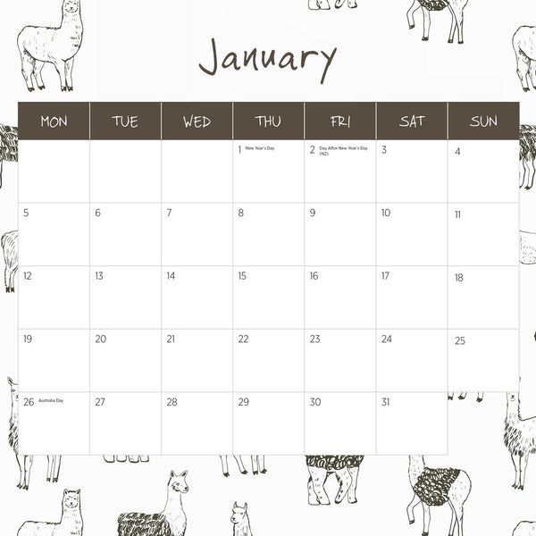 Alpacas 2026 Calendar January
