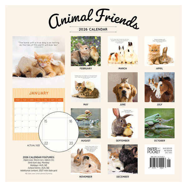Animal Friends 2026 Calendar Monthly Overview