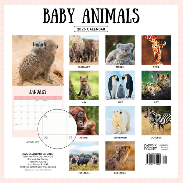 Baby Animals 2026 Calendar Monthly Overview