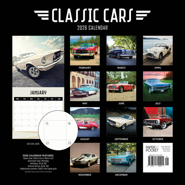Classic Cars 2026 Calendar Monthly Overview