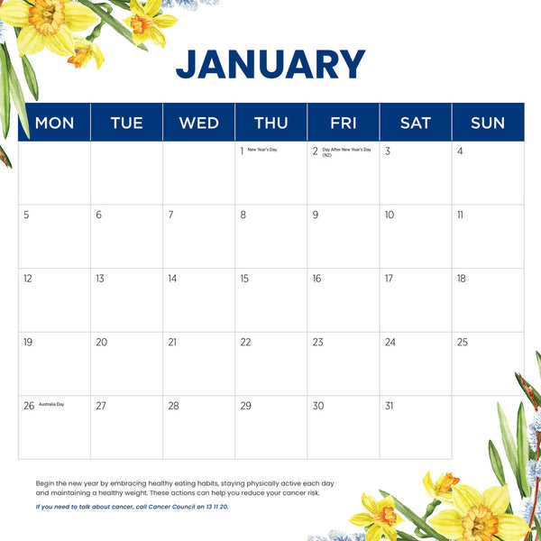 Daffodils Cancer Council 2026 Calendar January