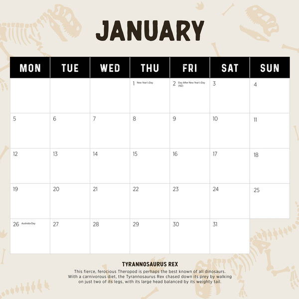 Dinosaurs 2026 Calendar January