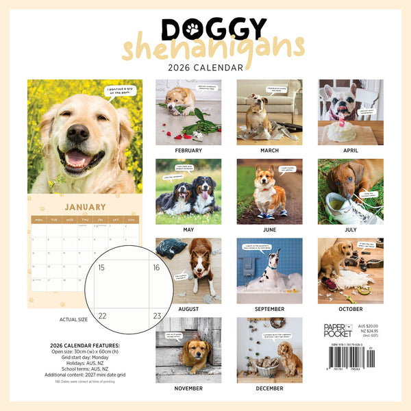Doggy Shenanigans 2026 Calendar Monthly Overview