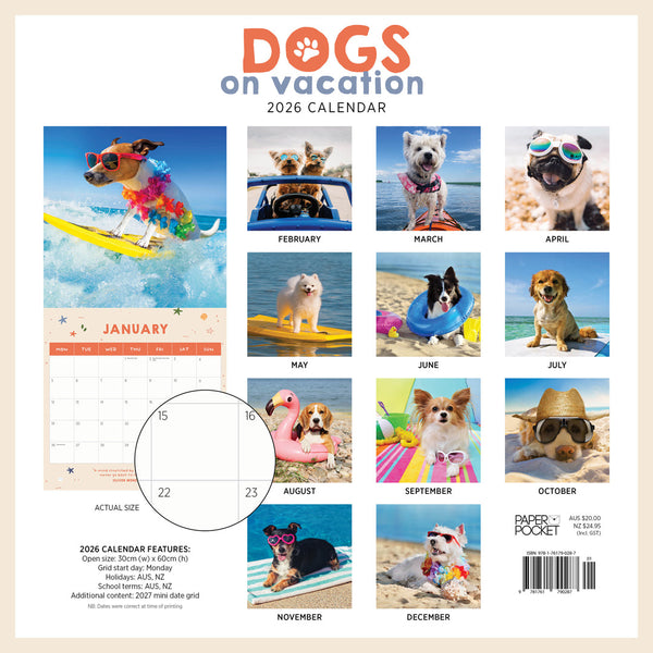 Dogs On Vacation 2026 Calendar Monthly Overview