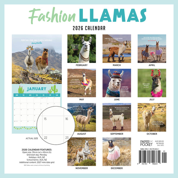 Fashion Llamas 2026 Calendar Monthly Overview