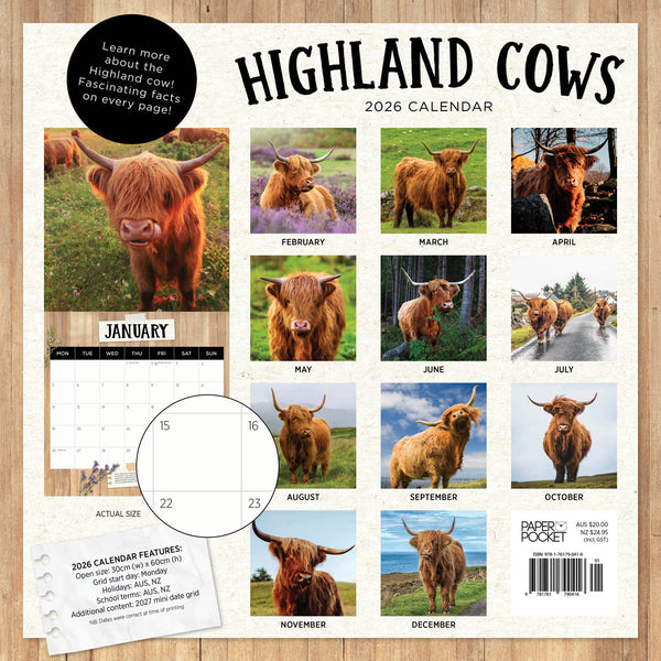 Highland Cows 2026 Calendar Monthly Overview