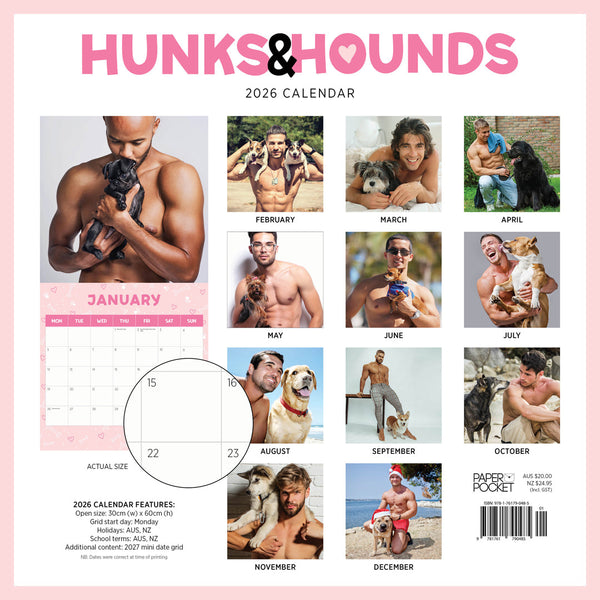 Hunks And Hounds 2026 Calendar Monthly Overview