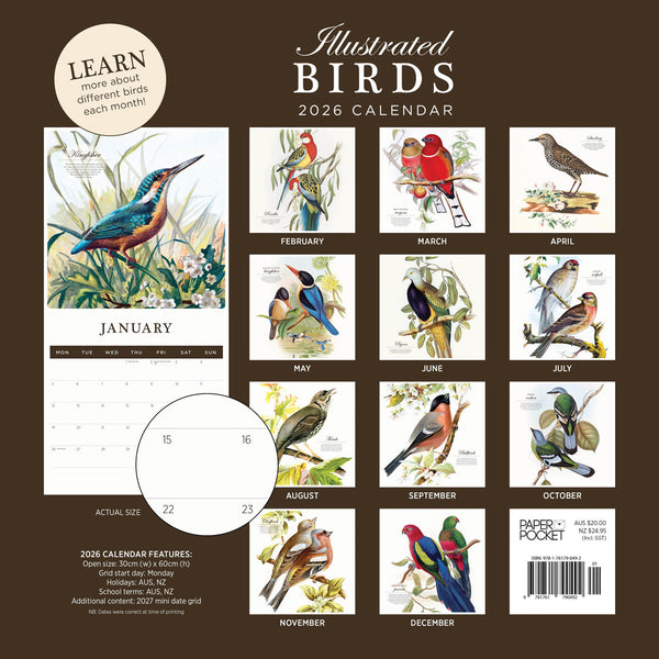 Illustrated Birds 2026 Calendar Monthly Overview