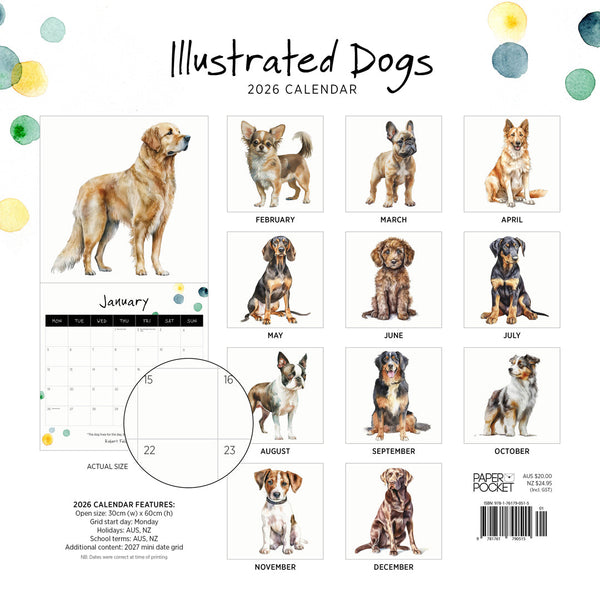 Illustrated Dogs 2026 Calendar Monthly Overview