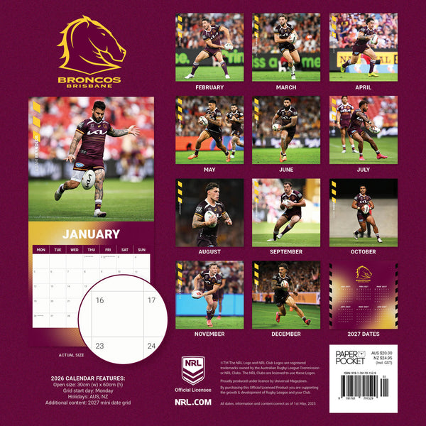 Nrl Brisbane Broncos 2026 Calendar Monthly Overview