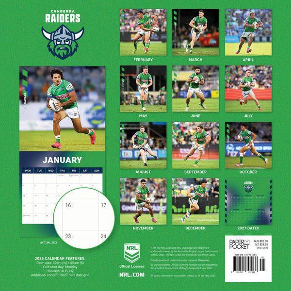 Nrl Canberra Raiders 2026 Calendar Monthly Overview